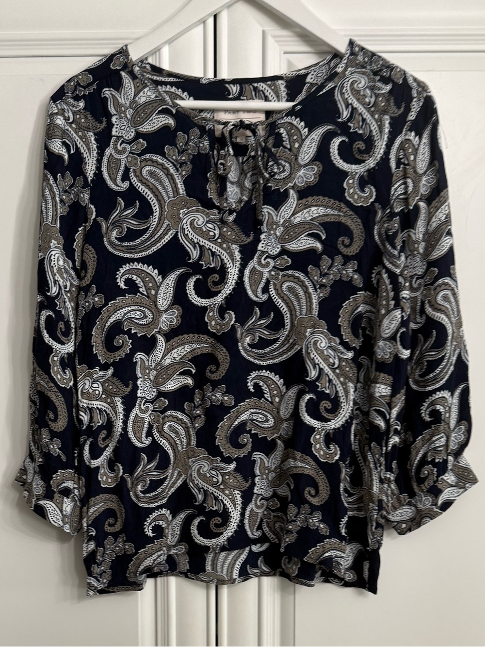 Part Two Long Sleeve Navy Paisley Print Tie-Neck Blouse Career Office Size S